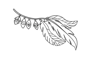 Boho style feather decoration with hanging ornaments in a simple elegant black outline