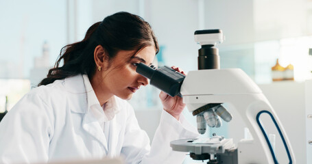 Lab, scientist and woman with microscope, study and analysis for drug development and...