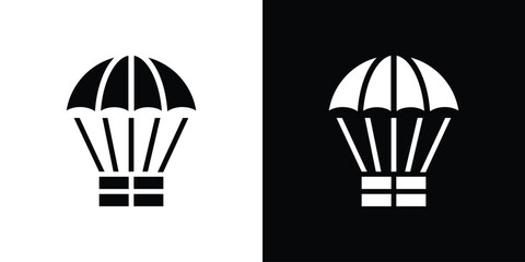 Parachute icon in flat black solid vector set