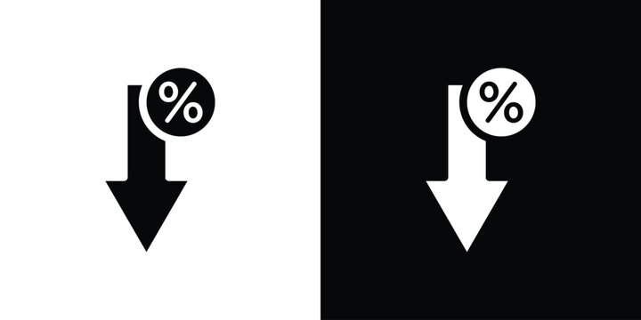 Percent down icon in flat black solid vector set