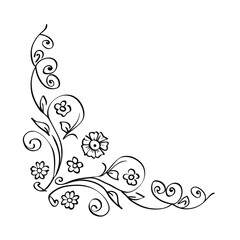 Elegant corner floral ornament in black and white with delicate flowers and leaves
