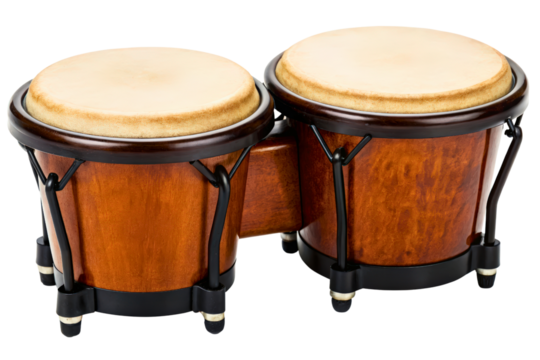 Traditional wooden bongo drums for percussion isolated with transparent background