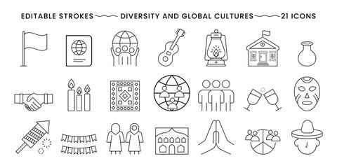 Diversity and Global Cultures Icon Set. Editable Stroke Line Icons of Traditions, Flags, Festivals, People and Heritage
