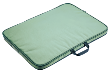 Green padded laptop sleeve with handle for easy carrying and protection isolated with transparent background