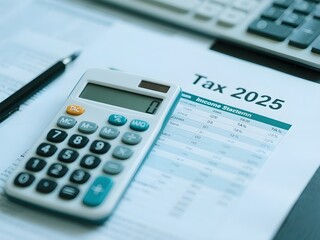 Word Tax 2025 in calculator on documents. Income Statement. Pay tax rate. Tax, tax burden. Business and tax concepts