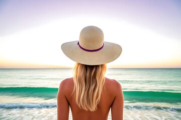 Woman in straw hat at sunset beach