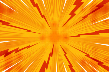 Comic pop art background with sunburst and lightnings. Vector radial pattern of abstract thunders and rays. Manga superhero poster with halftone effect.