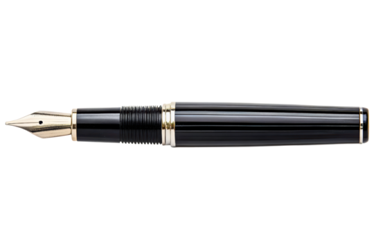 Classic black fountain pen with a gold nib isolated with transparent background