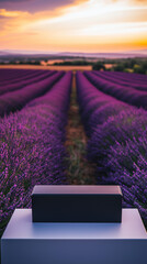 Product placement in a lavender field. The simple packaging and calming backdrop suggest a natural, soothing product concept. Serene.