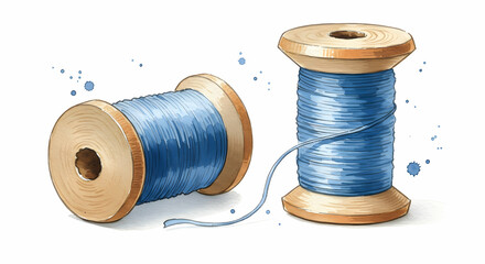 Two spools of blue thread wooden sewing craft
