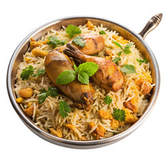  Chicken biryani in stainless steel plate top view isolated on transparent background