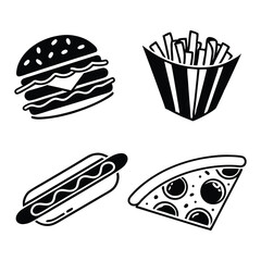 Fast food black and white line art icons set vector illustration