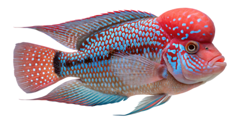 Vibrant red and blue flowerhorn cichlid fish