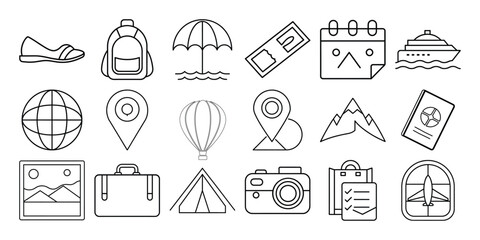 Collection of travel icons line art style simple minimalist design
