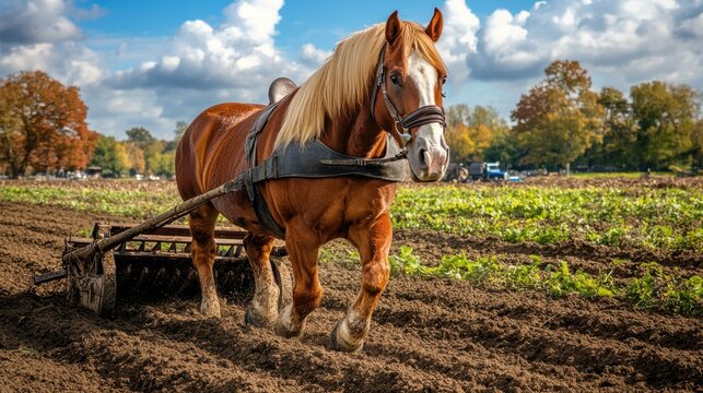A powerful photorealistic image of a majestic Belgian Draft horse pulling a vintage plow through a fertile field, emphasizing its strength and historical role in agriculture Concept The strength of