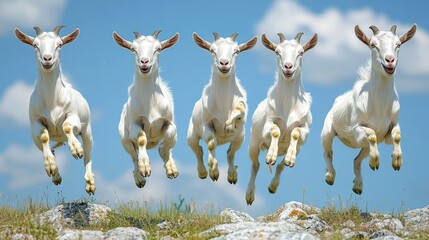 A dynamic action shot of a group of energetic goats playfully leaping across a rocky, sun-dappled pasture, their pasture raised agility and vitality evident Concept Spirited and free