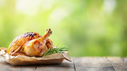 A detailed product photography shot of a package of pasture raised chicken, showcasing its natural color and premium appearance, with a subtle hint of green pasture in the background Concept Quality