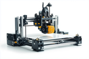 Fototapeta premium Industrial machinery, including a yellow forklift, a truck, and a toy tractor, operates on a conveyor belt with various equipment in a warehouse setting