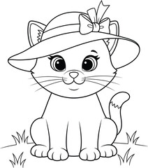 A charming black-and-white illustration of a cute cat wearing a stylish hat and a bow, sitting in a grassy setting. This design is perfect for children's books, educational materials, or any creative 