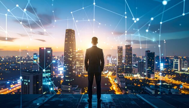 A visionary leader contemplating future strategies overlooking the gleaming city skyline at sunset with modern network