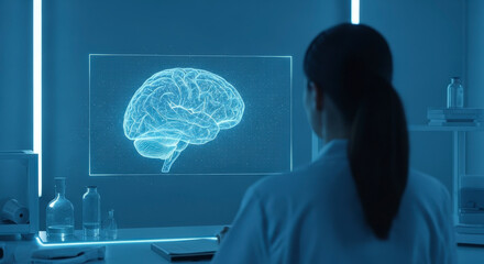 Woman Examining Digital Brain Representation in a Futuristic Laboratory Setting with Blue Lighting