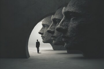 A solitary figure walks towards the light confronting imposing stone faces of conformity in deep