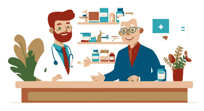 Friendly Pharmacist Assisting Customer in Modern Pharmacy Setting Illustration