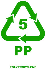 Plastic recycling code 5,  signifies polypropylene. Green recycling symbol with arrows and 5 inside and the initials PP.