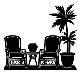 Black and White Abstract Illustration of Chairs and Palm Plant Design