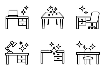 Cleaning table desk linear icon set. Keeping workplace clean. vector illustration on white background