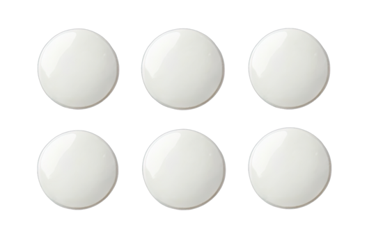 Six blank, round, white buttons/objects arranged in a grid