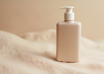 cosmetic bottle and towel on white background, brand packaging mockup. Natural herbal cosmetic product for daily facecare, copy space