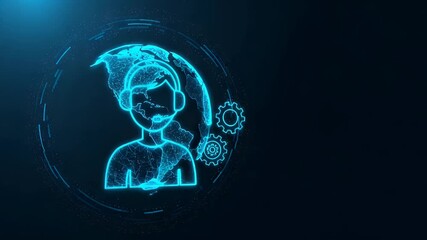 Global support services, person with headset, digital world