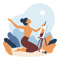 Joyful Artist Kneeling and Painting on Easel in Serene Outdoor Setting