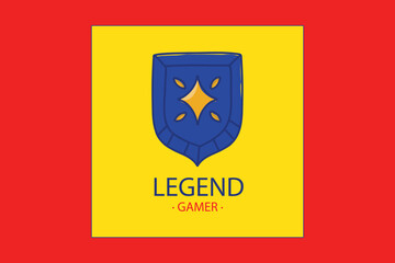 Bold gaming emblem with blue shield, golden diamond centrepiece, red background, and 