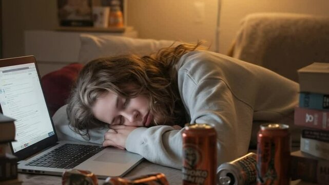 Exhausted Student Asleep on Laptop with Energy Drinks and Books &ndash; Study Burnout Scene