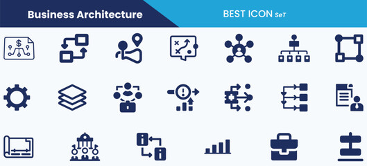 Best business architecture icon set collection. Business model, framework, value stream, process flow, enterprise blueprint, capability map, target architecture, roadmap and vector illustration.