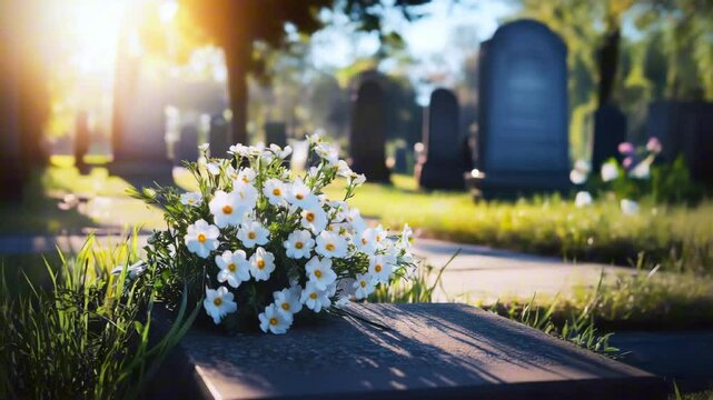  Funeral with white flowers at gravestone memorial in cemetery with sunset close-up. Funeral concept 