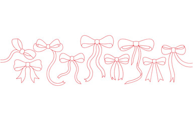 A simple line art illustration of five decorative bows arranged horizontally across the image. The largest bow is centered in the middle, with four smaller bows flanking it on both sides.	