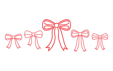 A simple line art illustration of five decorative bows arranged horizontally across the image. The largest bow is centered in the middle, with four smaller bows flanking it on both sides.