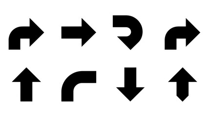 A set of eight black arrows arranged in two rows against a white background. The top row contains four curved arrows: two left-turn arrows on the left and right, one straight arrow in the middle.