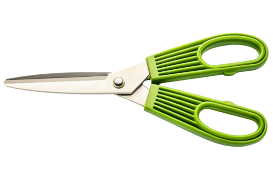 Pair of green-handled sharp cutting scissors isolated with transparent background