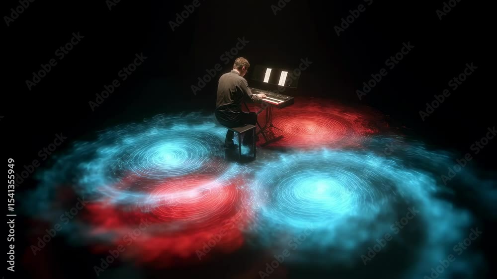 Poster musical performance enhanced by synchronizing light patterns, swirling visual technology merging art