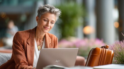 Focused professional woman working on laptop in vibrant urban  setting modern lifestyle photography inspiring productivity