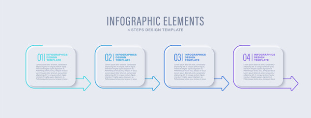 Neumorphism four elements infographic with arrows. Vector infographic template for presentation slides