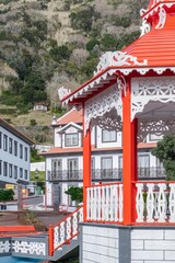 Vibrant Red Bandstand in a Traditional Portuguese Town Square. Velas Azores, Island Architecture, Public Park, Historic Place