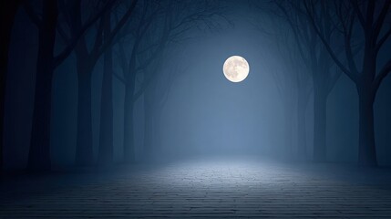 Eerie Night Scene in a Foggy Forest Under Full Moon