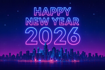 Vibrant Neon Happy New Year 2026 | Futuristic Cityscape Greeting
