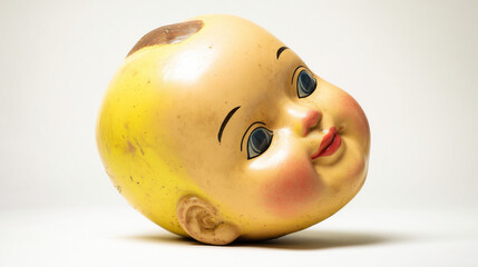 Vintage toy doll head with painted features, set against a neutral backdrop, evoking nostalgia and childhood memories.
