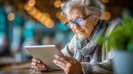 Elderly woman engaged with digital tablet cozy living room exploring online content warm atmosphere intimate viewpoint lifestyle focus
